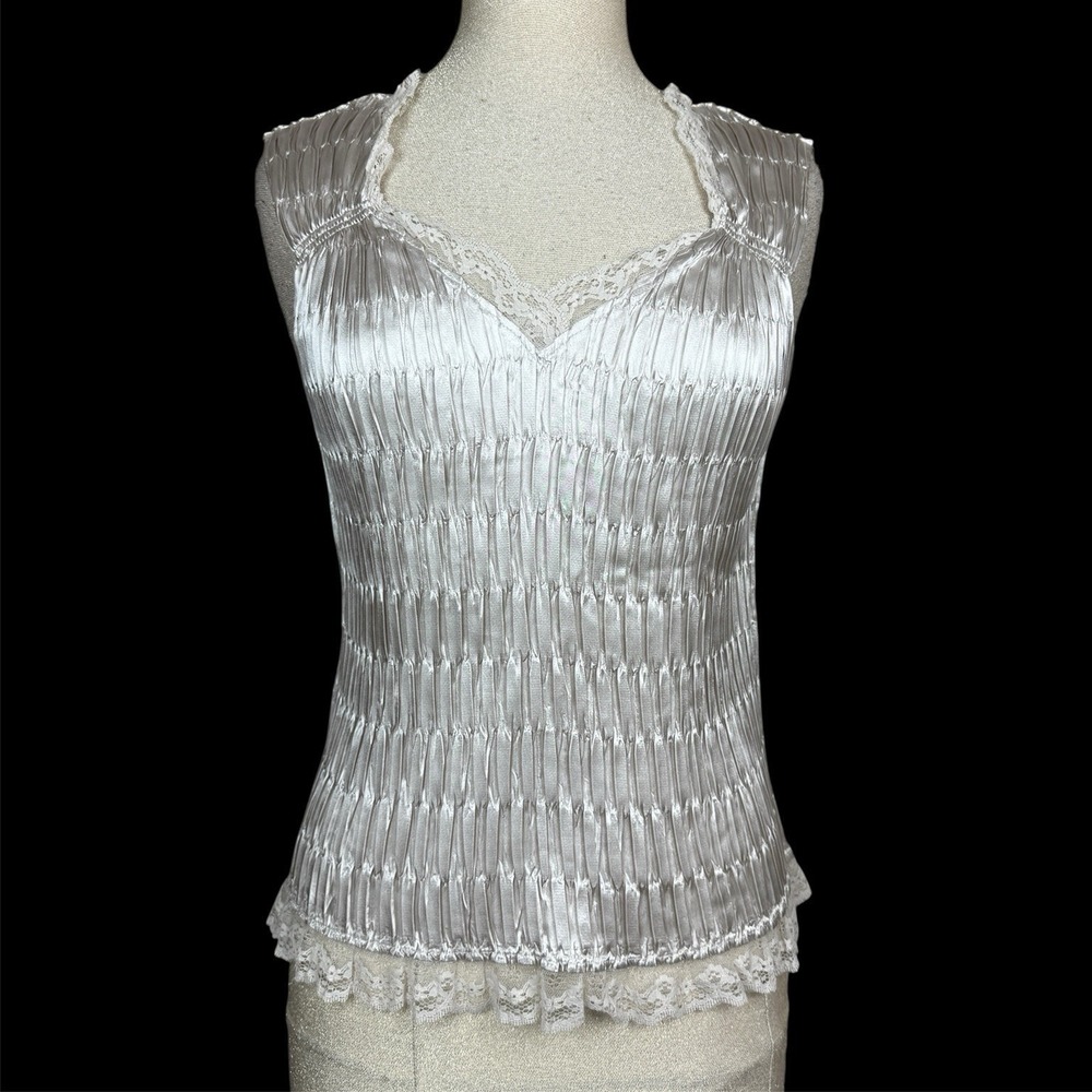 Nicola Pleated Lace Trim Tank Top Women XL Champagne Blouse Fairy Regency Lace